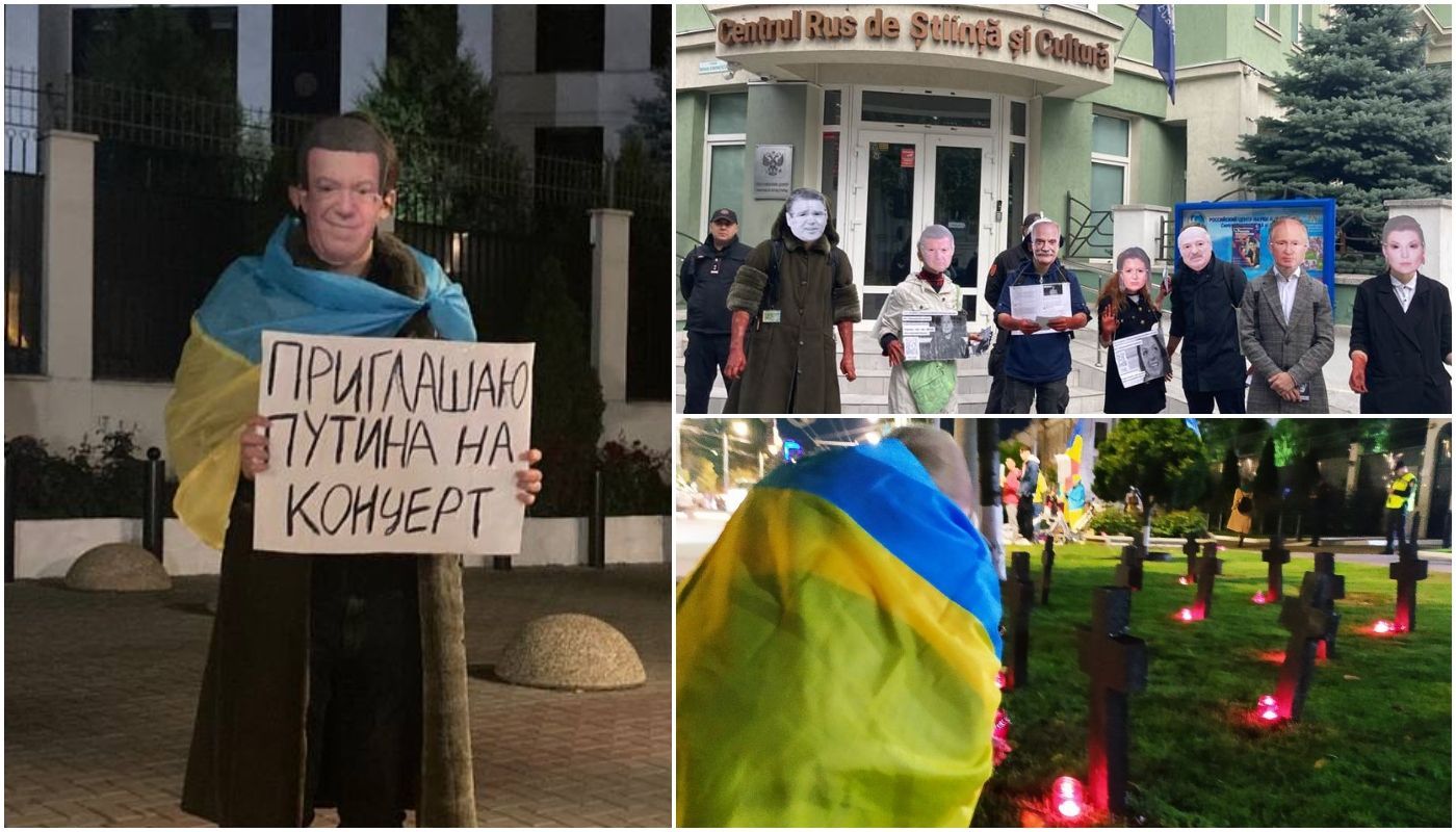 FOTO // Protest inedit în Chișinău la 7 luni de război în Ucraina: Propagandiști ruși cu mâinile „în sânge” și cruci la Ambasada Rusiei