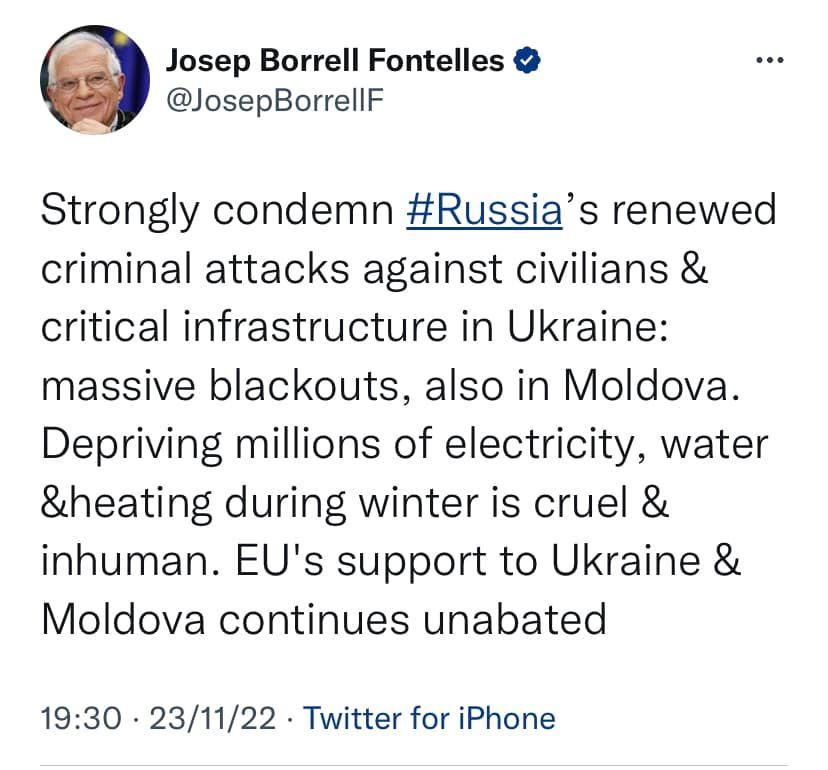 Josep Borrell condamnă atacul Rusiei asupra infrastructurii din Ucraina: UE va continua să sprijine Ucraina și Moldova