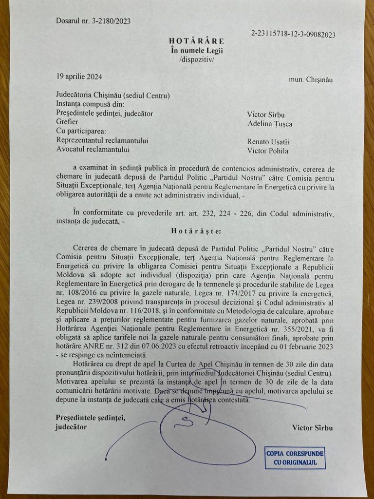 Judecătoria Chișinău a respins cererea lui Usatîi de a aplica retroactiv tariful micșorat la gaz