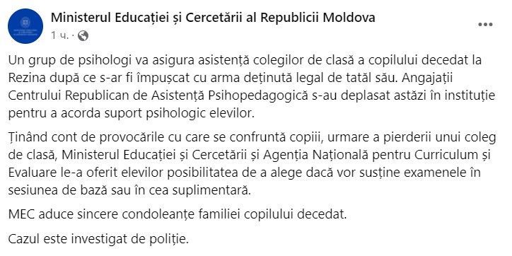 Consiliere psihologică pentru colegii copilului de la Rezina care s-a împușcat mortal