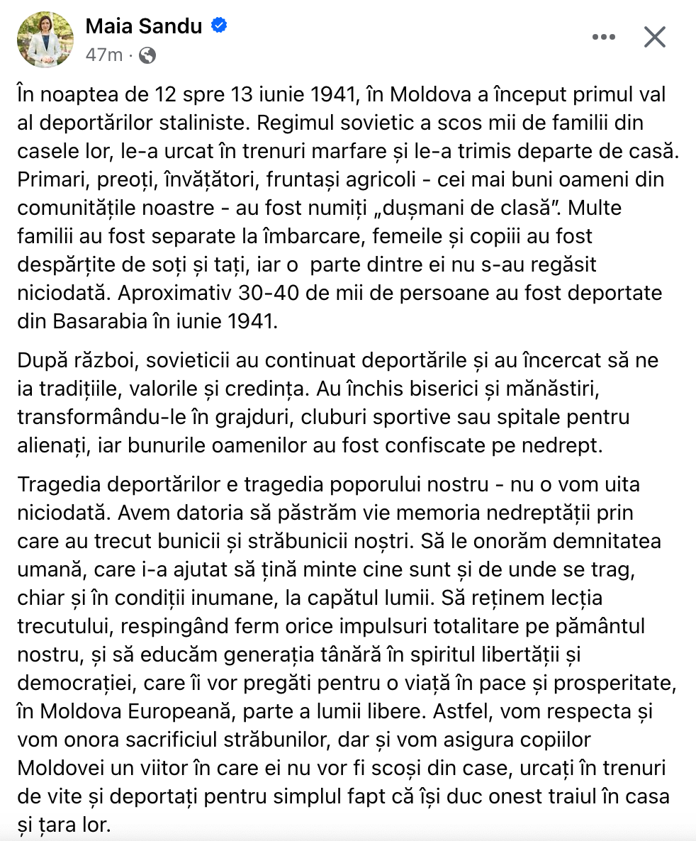 Maia Sandu comemorează victimele primului val al deportărilor staliniste: Tragedia pe care nu o vom uita niciodată