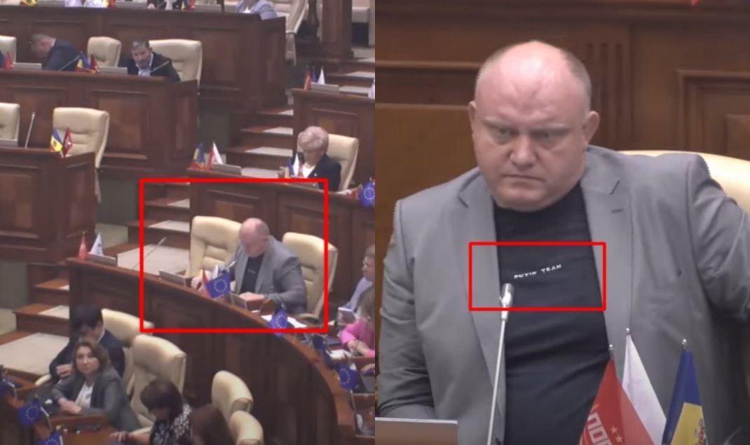 ”Echipa lui Putin”, în Parlamentul de la Chișinău. Mesajul inscripționat pe tricoul în care Vasile Bolea a venit la ședința legislativului