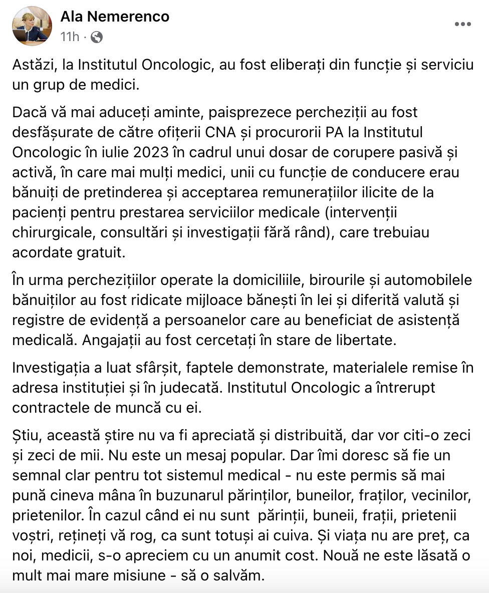 Un grup de medici de la Institutul Oncologic, demiși. Nemerenco: „Nu e permis să pună cineva mâna în buzunarul părinților”