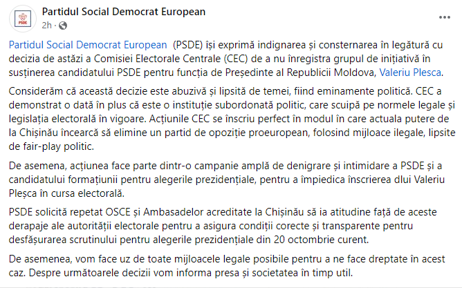 Valeriu Pleșca, refuzat de CEC: Grupul de inițiativă pentru candidatul desemnat de PSDE nu a fost înregistrat