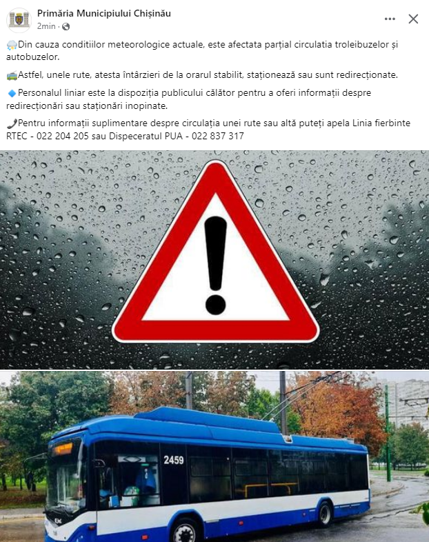 Ploaia din capitală a dat peste cap circulația transportului public. Mai multe rute staționează sau au fost redirecționate