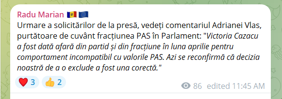 Ultima oră! Deputata exclusă din PAS, Victoria Cazacu, anunță că aderă la partidul lui Renato Usatîi