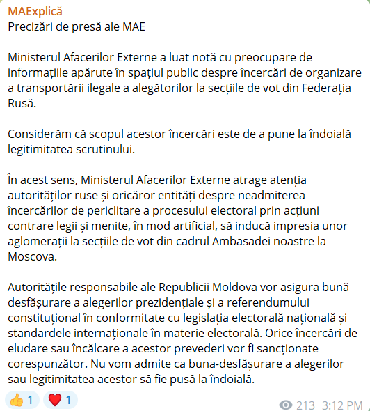 Încercări de organizare a transportării ilegale a alegătorilor la secțiile din Rusia; Mesajul MAE către autoritățile ruse