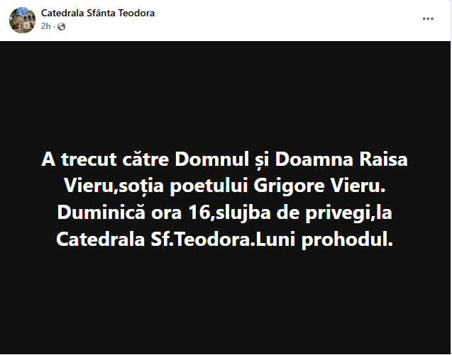 S-a stins din viață soția poetului Grigore Vieru, Raisa Vieru