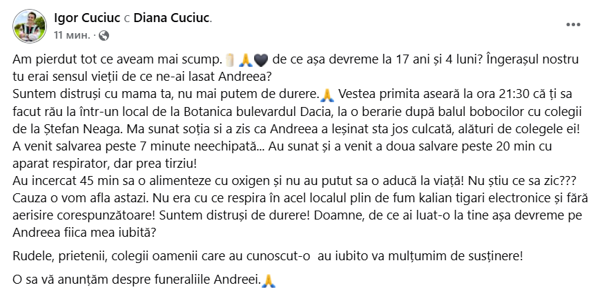 „Am pierdut tot ce aveam mai scump”. Familia Cuciuc, răpusă de durere după moartea fiicei: M-a sunat soția că Andreea a leșinat într-un local. A venit salvarea peste 7 minute neechipată