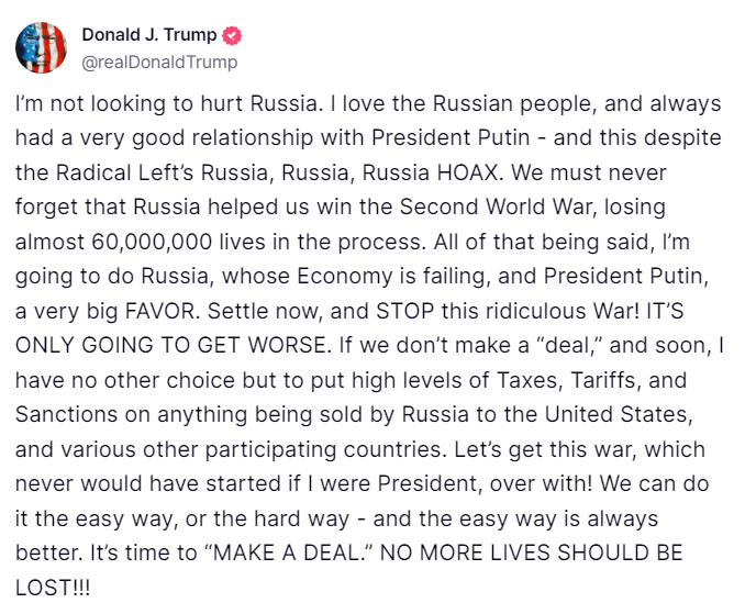 Donald Trump îl amenință pe Vladimir Putin că „va distruge” Rusia, dacă nu va accepta un acord de pace în Ucraina