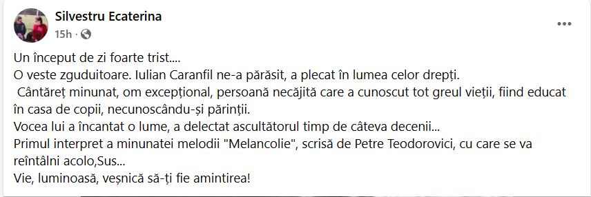 Iulian Caranfil, primul interpret al celebrei piese „Melancolie”, s-a stins din viață - Realitatea.md Iulian Caranfil, primul interpret al celebrei piese „Melancolie”, s-a stins din viață