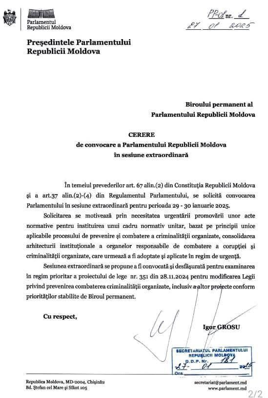 Igor Grosu solicită convocarea sesiunii extraordinare a Parlamentului