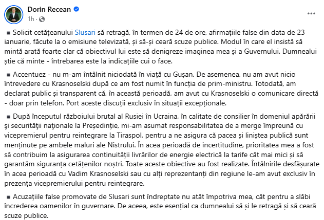 Premierul Dorin Recean solicită scuze publice din partea lui Alexandr Slusari. „Acuzațiile false promovate de Slusari sunt îndreptate pentru a slăbi încrederea oamenilor în guvernare”