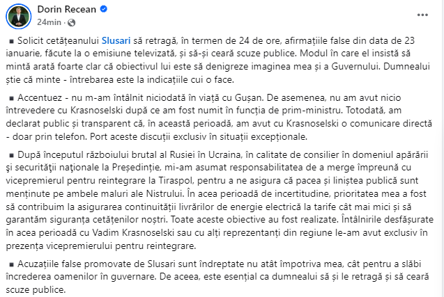 Premierul Dorin Recean solicită scuze publice din partea lui Alexandr Slusari. „Acuzațiile false promovate de Slusari sunt îndreptate pentru a slăbi încrederea oamenilor în guvernare”
