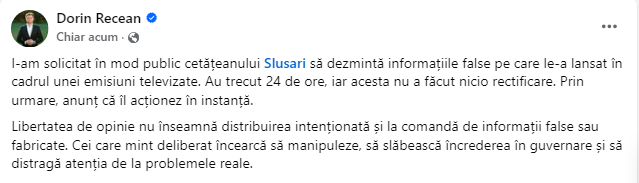 Dorin Recean anunță că îl acționează în instanță pe Alexandr Slusari