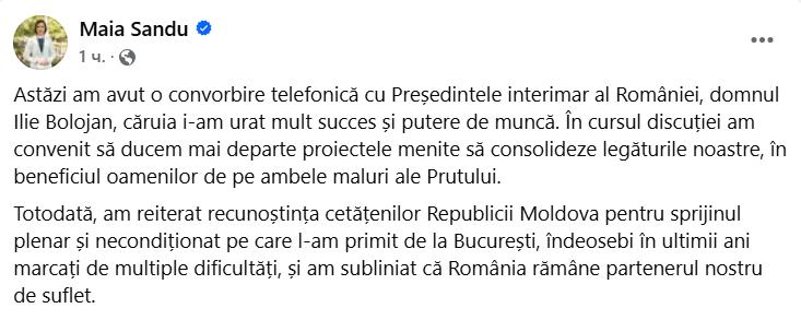 Sandu a vorbit cu la telefon cu Bolojan: „Am subliniat că România rămâne partenerul nostru de suflet”