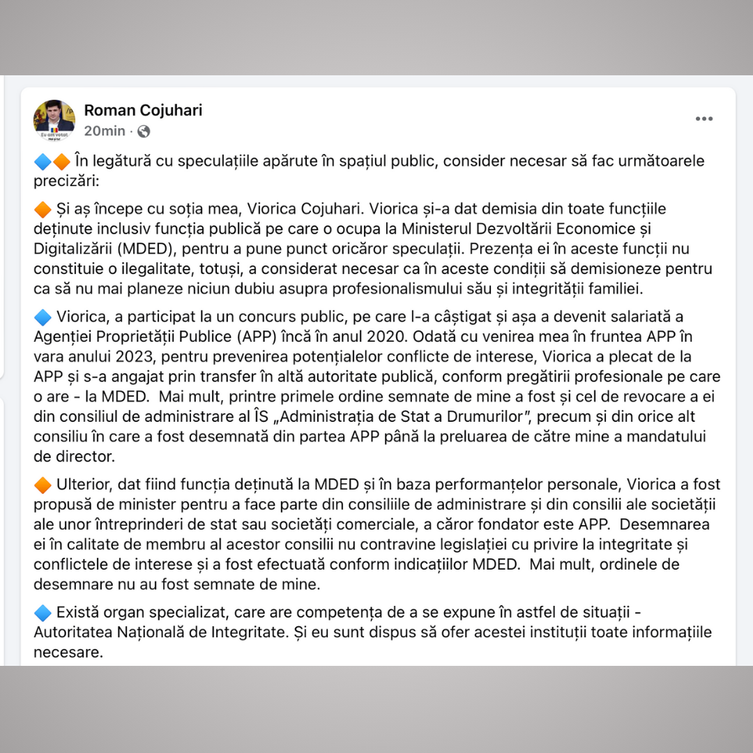 Roman Cojuhari explică ce-i cu funcțiile publice deținute de soția sa: Ministerul Economiei a numit-o. Și-a dat demisia - Realitatea.md Roman Cojuhari explică ce-i cu funcțiile publice deținute de soția sa: Ministerul Economiei a numit-o. Și-a dat demisia