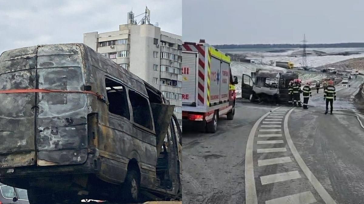 Un microbuz cu moldoveni a luat foc, după un accident în România: Două persoane, rănite