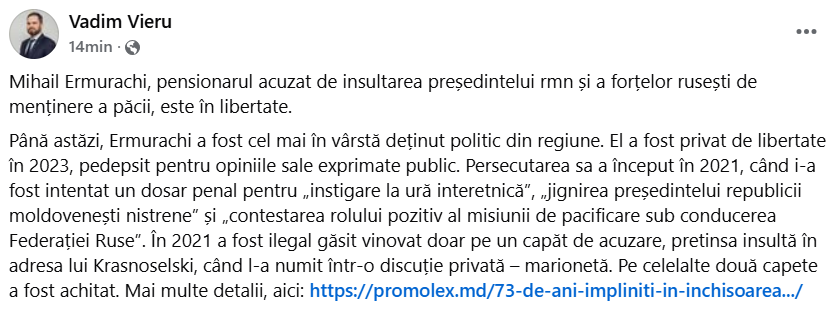 Mihail Ermurachi, cel mai în vârstă deținut politic al regimului de la Tiraspol, a fost eliberat după 26 de luni de detenție