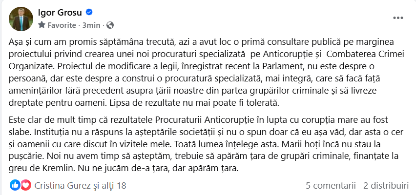 Igor Grosu, după ce Veronica Dragalin a demisionat: „Lipsa de rezultate nu mai poate fi tolerată. Nu ne jucăm de-a țara”