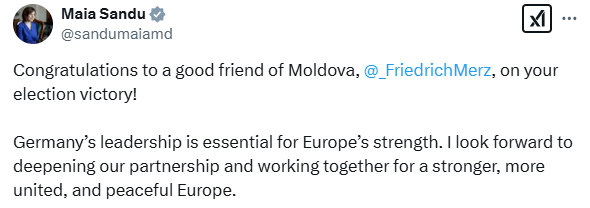 Maia Sandu salută victoria lui Friedrich Merz: „Leadership-ul Germaniei este esențial pentru forța Europei”