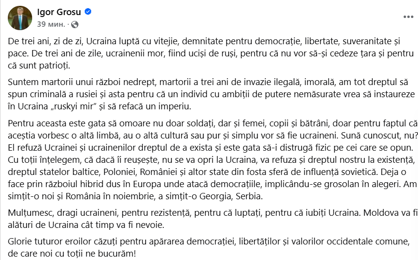 VIDEO | Maia Sandu, mesaj la trei ani de la invazia rusă în Ucraina: „Liniștea noastră depinde de curajul Ucrainei”