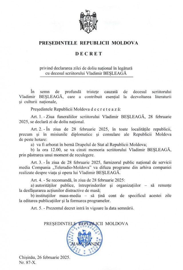 Când va fi înmormântat Vladimir Beșleagă: Va fi zi de doliu național