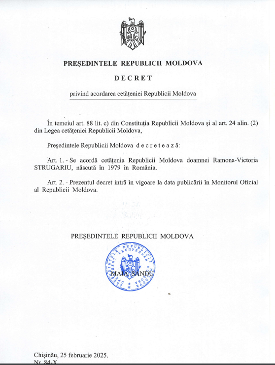Noua șefă a INJ, Ramona Strugariu, a obținut cetățenia Moldovei: Maia Sandu a semnat decretul
